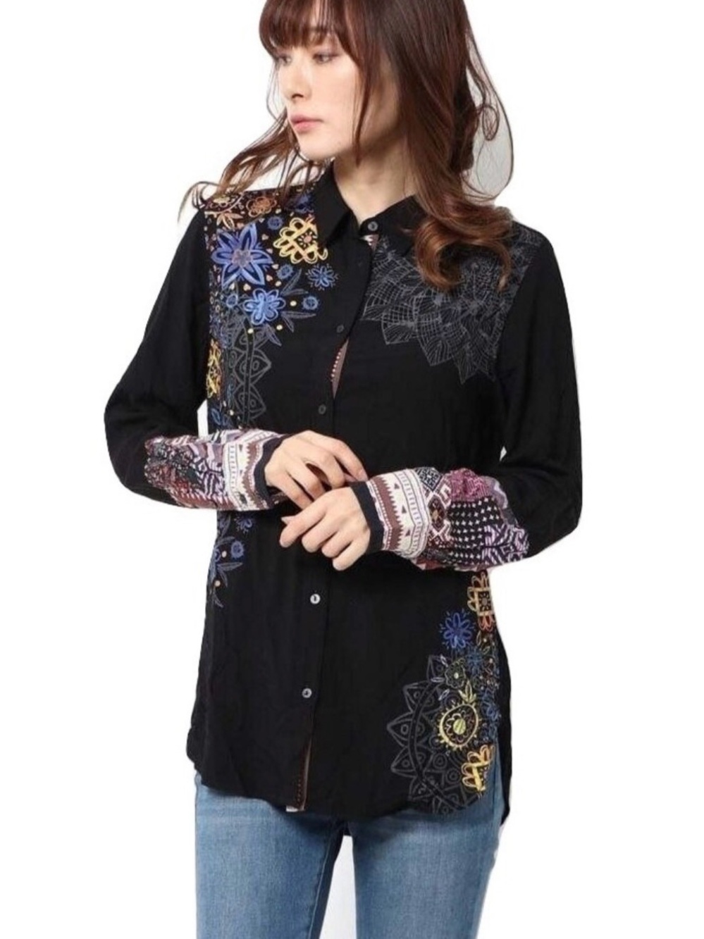 Desigual Black Floral Print Button-Up Blouse